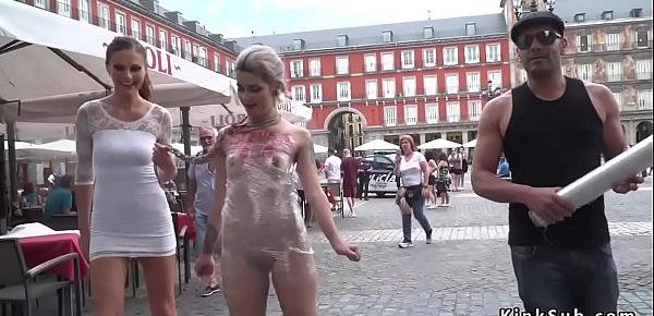  Naked slave wrapped in foil in public